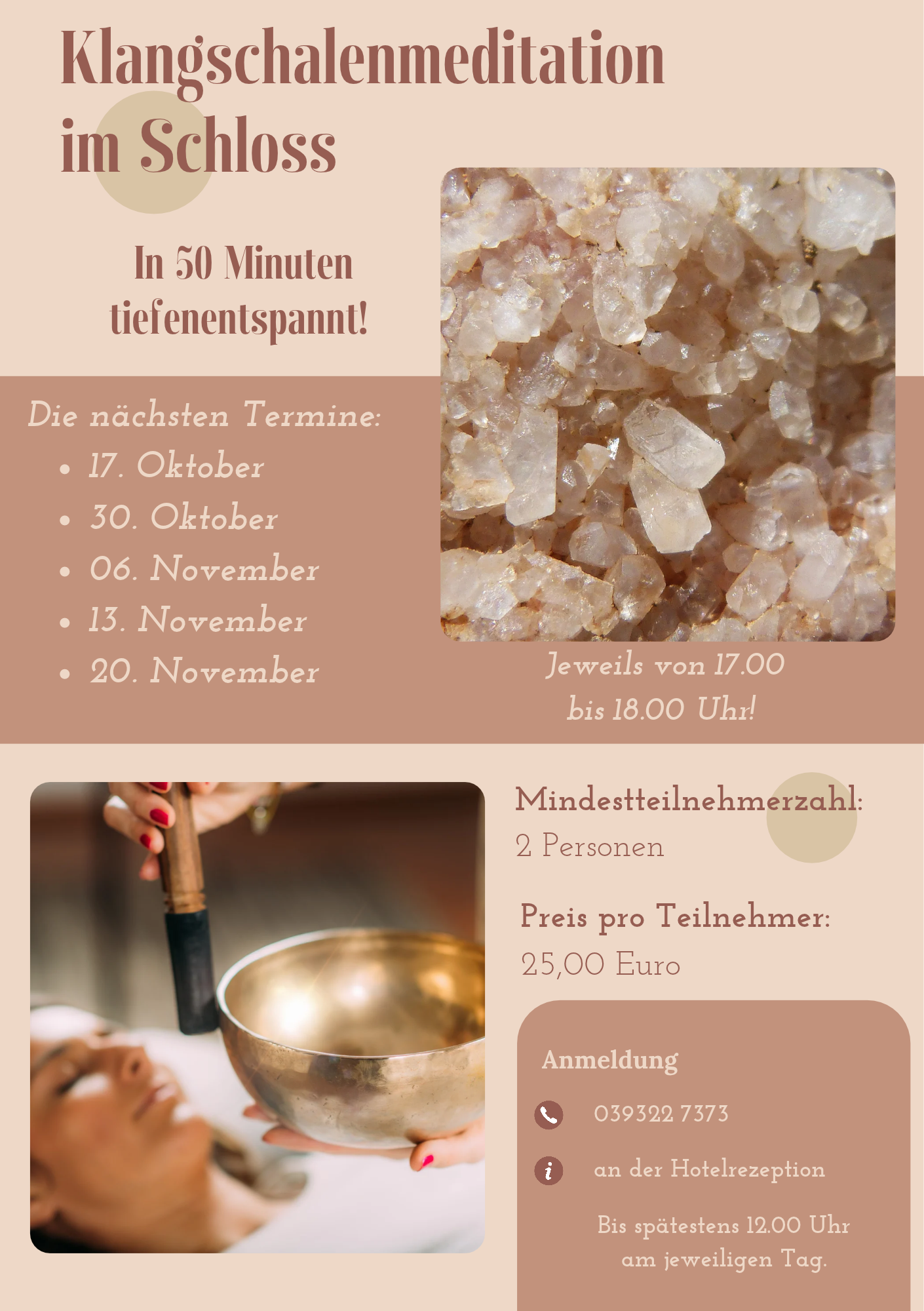 Plakat zur Klangschalenmeditation im Schloss Tangermünde mit Terminen von Oktober - November2026
