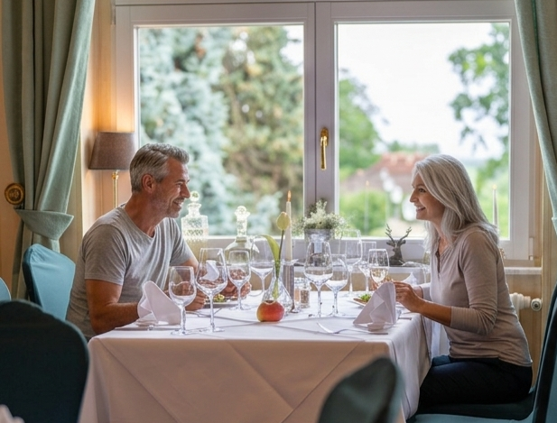 Paar beim romantischen Abendessen im Restaurant 1699. Teilweise KI-modifiziert: Die dargestellten Personen wurden mithilfe generativer KI in eine Originalaufnahme unseres Hotels beziehungsweise der Umgebung eingefügt.