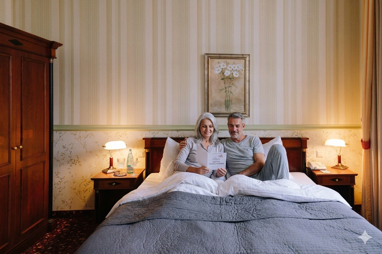 Paar sitzt im Doppelbett und schaut gemeinsam in einen Hotelprospekt. Teilweise KI-modifiziert: Die dargestellten Personen wurden mithilfe generativer KI in eine Originalaufnahme unseres Hotels beziehungsweise der Umgebung eingefügt.
